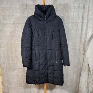 Canda C&A Medium/Large $90 Black Long Funnel Neck Quilted Puffer Coat